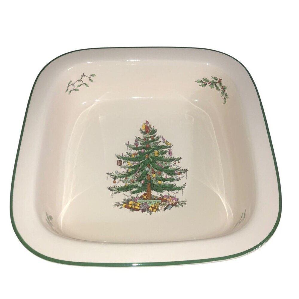 SPODE "Christmas Tree" 10" Square Grn Rimmed Casserole Serving Dish Dinnerware
